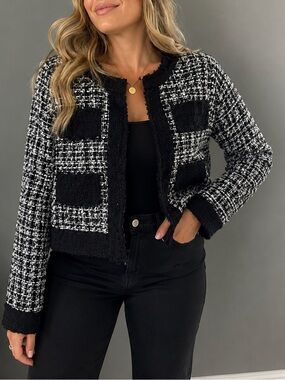 NWT Studio 94 Black & White Tweed Cropped Blazer Jacket | Fringe Size XL | Chic